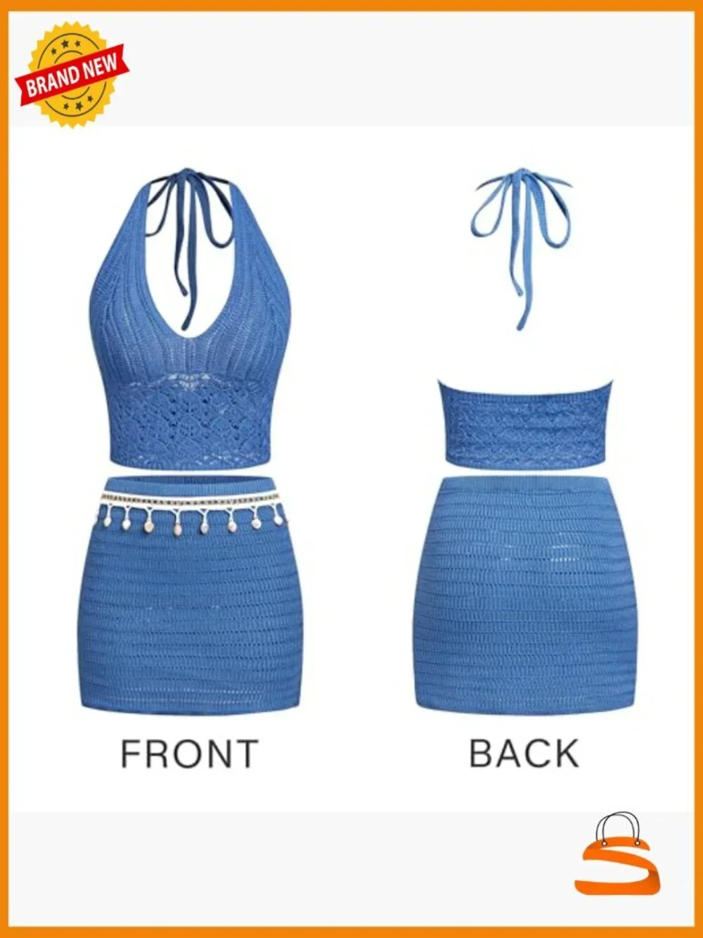 2-Piece Crochet Halter Cover Up Set Mini Skirt Swimsuit Beach Wear